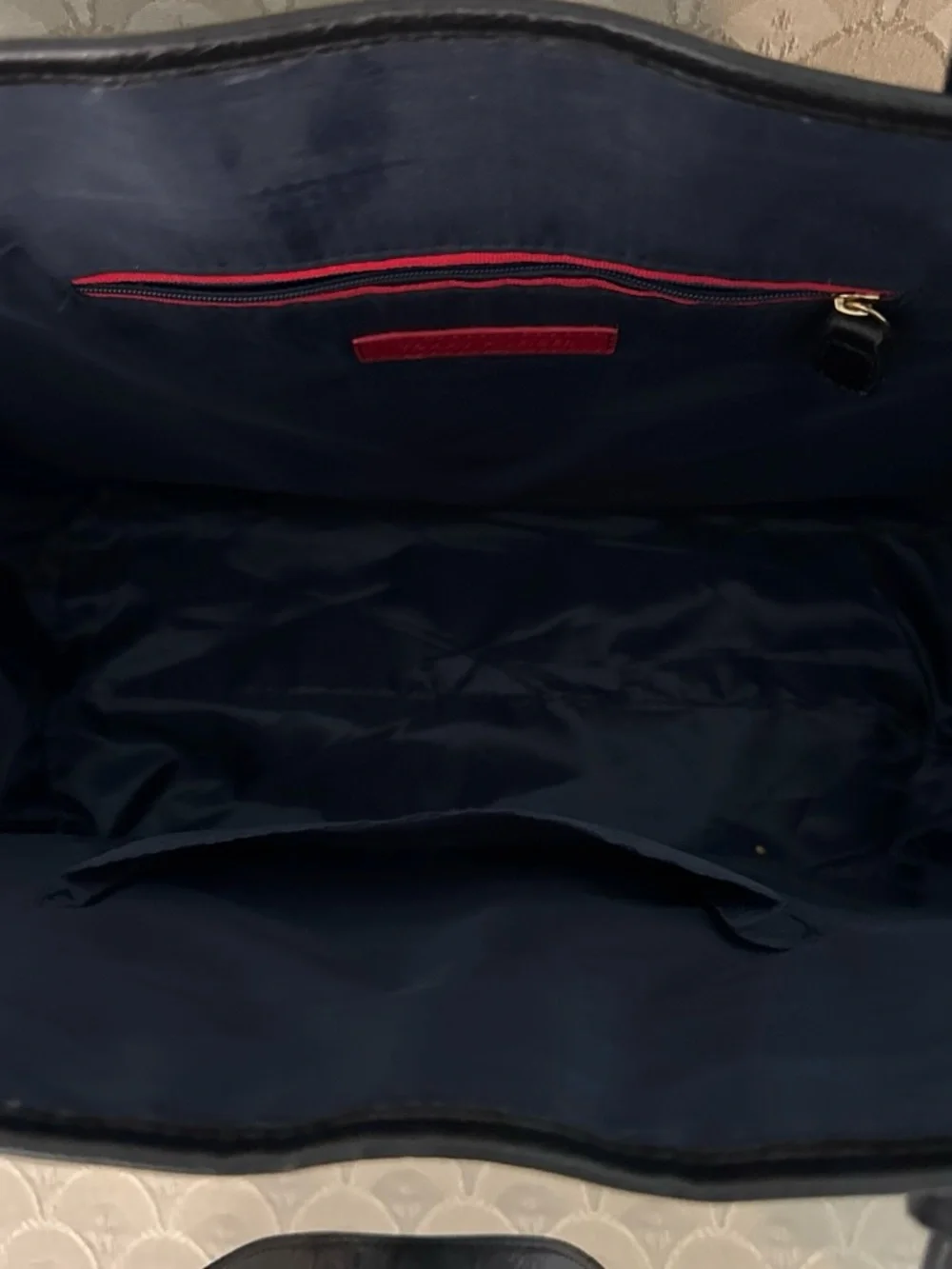 Tommy Hilfiger Black brown striped Tote with Gold Logo Medallion